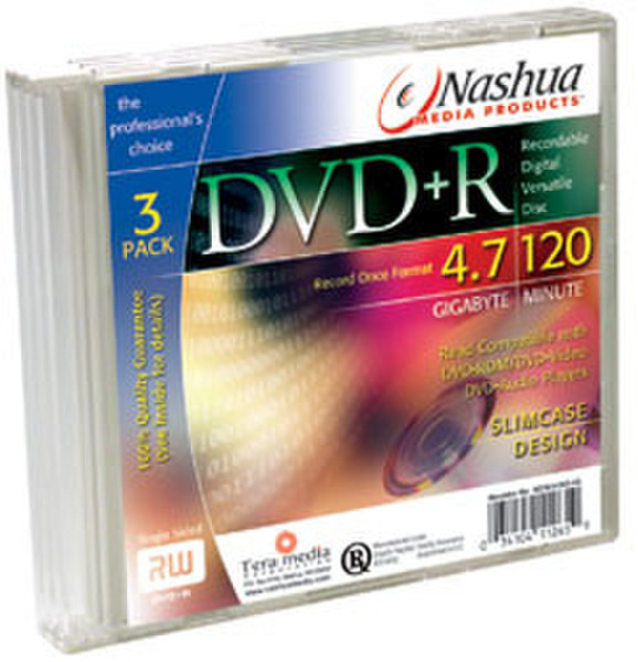 Nashua 3-pack DVD+R, slimcase 120min./4.7GB, 16x 4.7GB DVD+R 3pc(s)