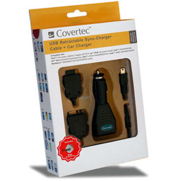 Covertec USB Retractable Sync-Charger Cable + Car Charger Auto Black mobile device charger