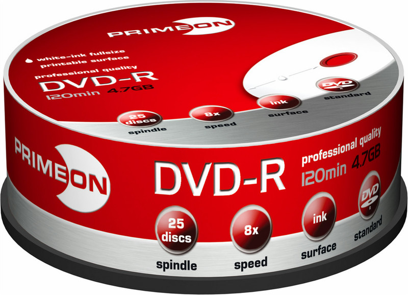 Primeon DVD-R 8X, 25 Spindle 4.7ГБ DVD-R 25шт