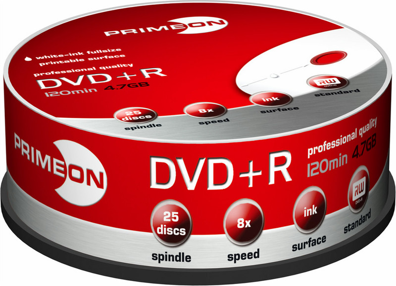 Primeon DVD+R 8X 120min/4.7GB, 25 Spindle 4.7ГБ DVD+R 25шт