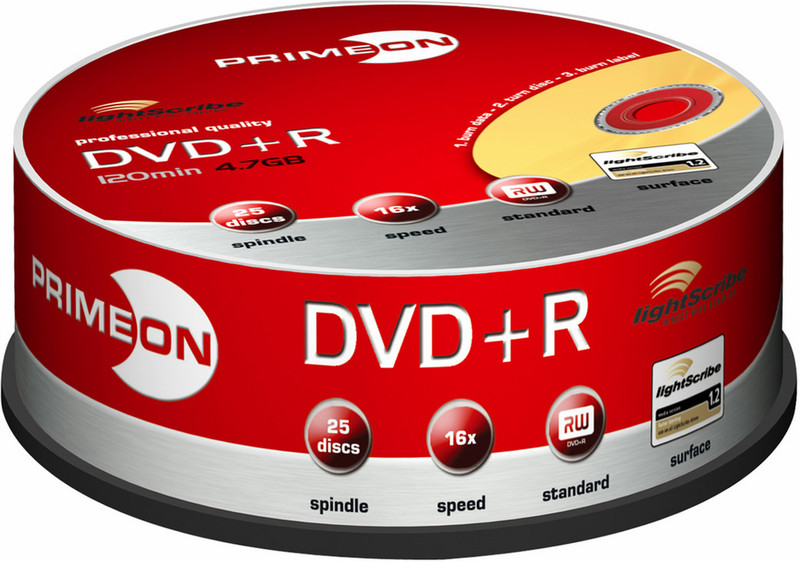Primeon DVD+R 4.7GB/120Min, 25 Spindle 4.7GB DVD+R 25Stück(e)