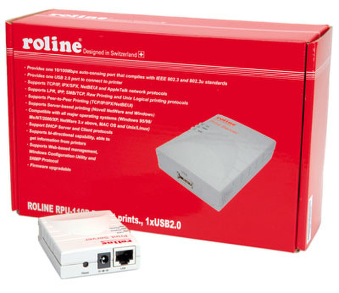 ROLINE RPU-110P, USB2.0 Print Server Ethernet LAN print server