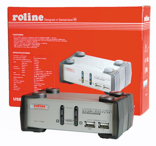 ROLINE KVM & USB Switch, 1 User - 2 PCs Grau Tastatur/Video/Maus (KVM)-Switch