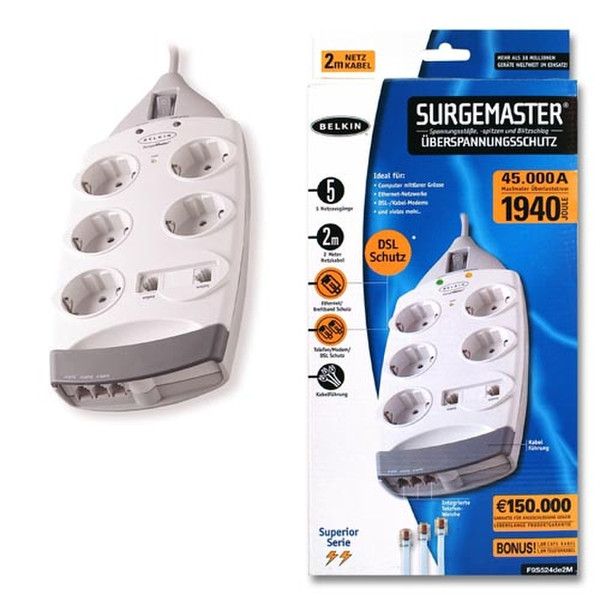 Belkin 5-Socket SurgeMaster® Superior Series, Networking Surge 2m Black,White surge protector