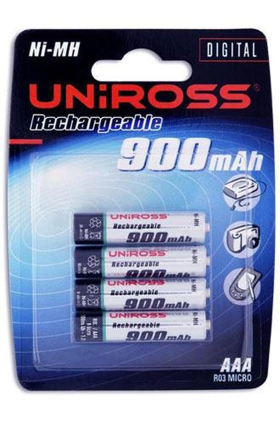 Uniross Rechargeable Batteries AAA (4 Pack) Nickel-Metal Hydride (NiMH) 900mAh 1.2V rechargeable battery