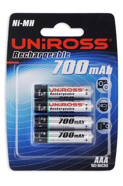 Uniross Rechargeable Batteries AAA (4 pack) Nickel-Metal Hydride (NiMH) 700mAh 1.2V rechargeable battery