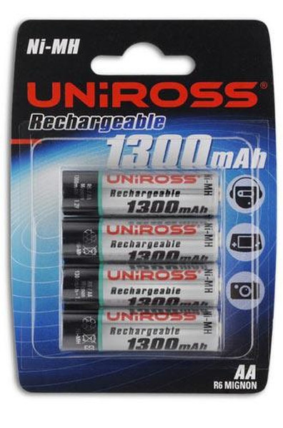 Uniross Rechargeable Batteries AA (4 pack) Mignon Nickel-Metallhydrid (NiMH) 1300mAh 1.2V Wiederaufladbare Batterie