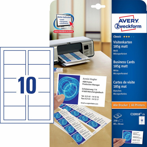 Avery Classic Visitenkarten, mikroperforiert, 185 g/m², 85 x 54 mm Visitenkarte