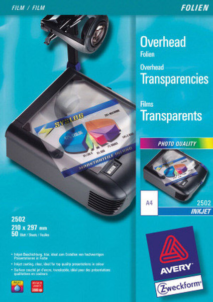 Avery 2502 Tintenstrahl A4 (210×297 mm) Polyester Transparent 50Blätter Transparentfolie
