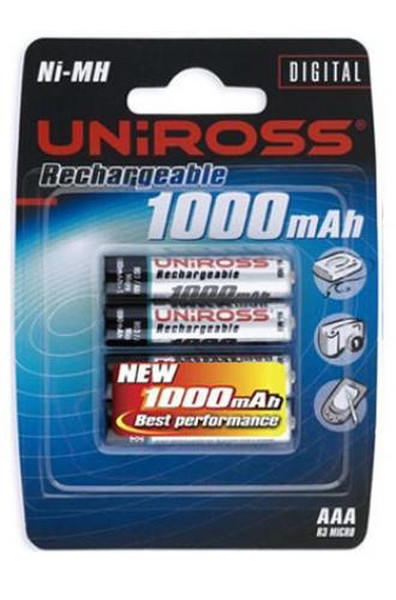 Uniross Rechargeable Batteries AAA (4 Pack) Nickel-Metal Hydride (NiMH) 1000mAh 1.2V rechargeable battery