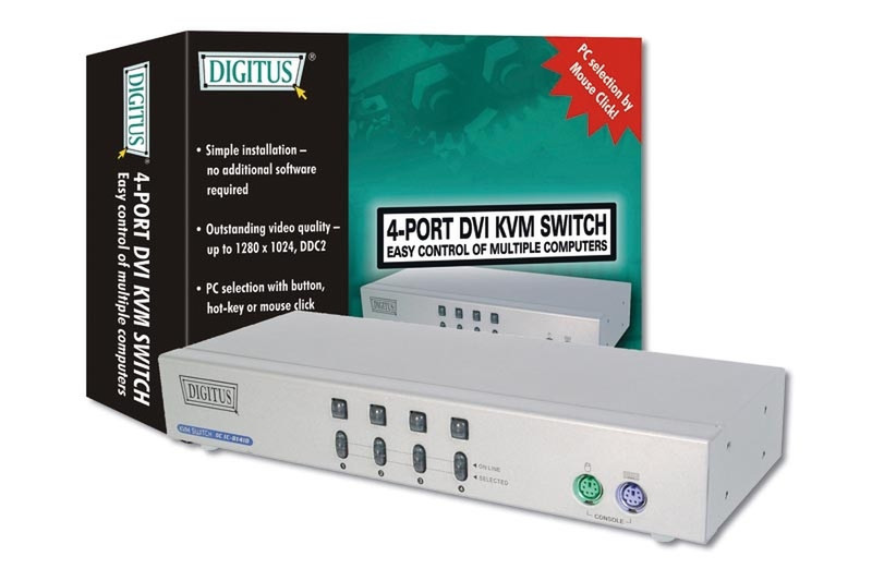Digitus KVM Switch 1User - 4 PCs Rack-Einbau Grau Tastatur/Video/Maus (KVM)-Switch