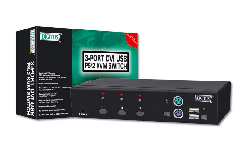 Digitus Combo KVM Switch 1User - 3PCs, Audio Черный KVM переключатель
