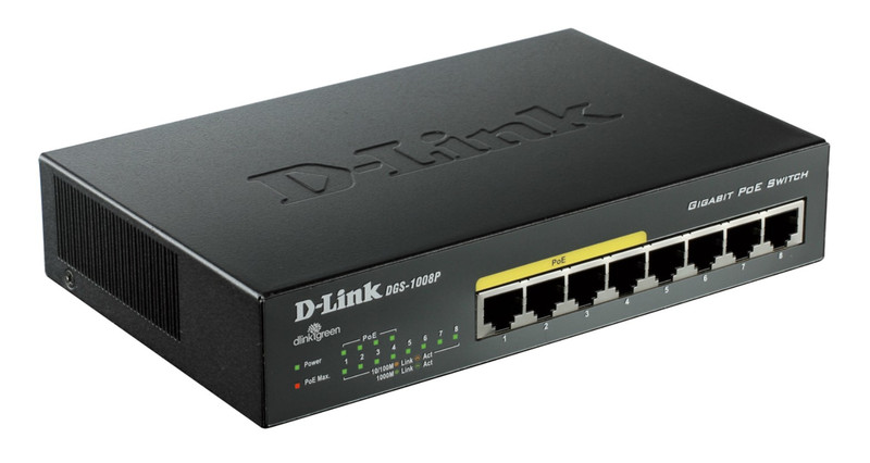 D-Link DGS-1008P Power over Ethernet (PoE) Черный сетевой коммутатор