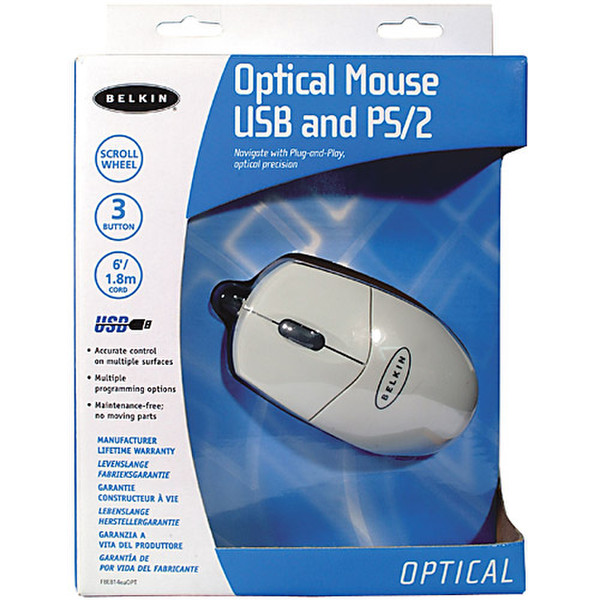 Belkin Optical Mouse USB and PS/2 with Scroll Wheel - White USB+PS/2 Optical White mice