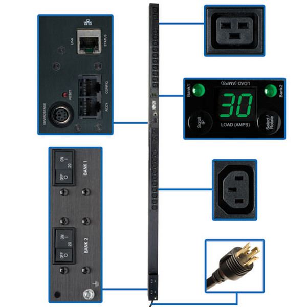 Tripp Lite 5/5.8kVA Single-Phase Monitored PDU, 208/240V Outlets (20 C13 & 4 C19), L6-30P, 10ft Cord, 0U Vertical
