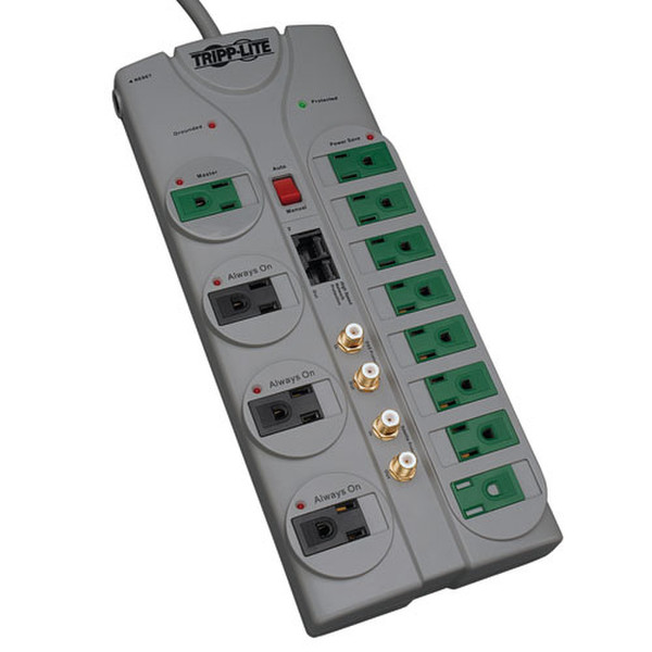 Tripp Lite Eco-Surge 12-Outlet Home/Business Theater Surge Protector, 10-ft. Cord, 3600 Joules - Accommodates 8 Transformers