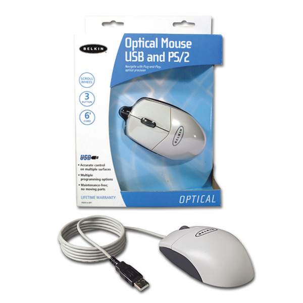 Belkin 3 BTN MOUSE W SCROLL WHEEL USB+PS/2 Оптический Белый компьютерная мышь