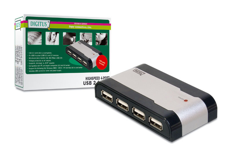 Digitus Hub 4-port USB 2.0 480Mbit/s Schwarz, Silber Schnittstellenhub