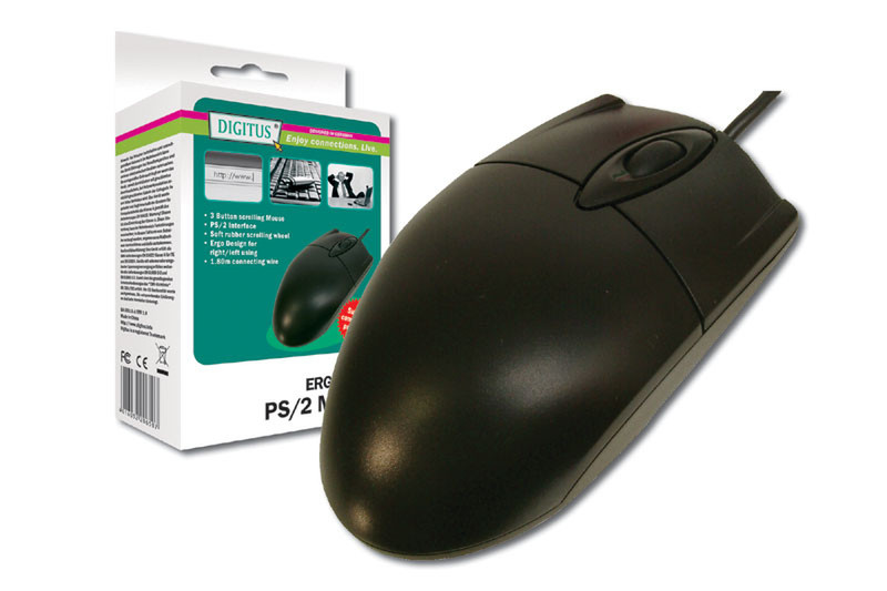 Digitus Mouse 3 button, scrolling, ball, PS2 PS/2 Mechanisch 520DPI Schwarz Maus