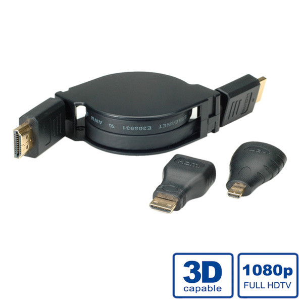 Value HDMI High Speed Cable with Ethernet, 3in1 Set, retractable 1.2 m