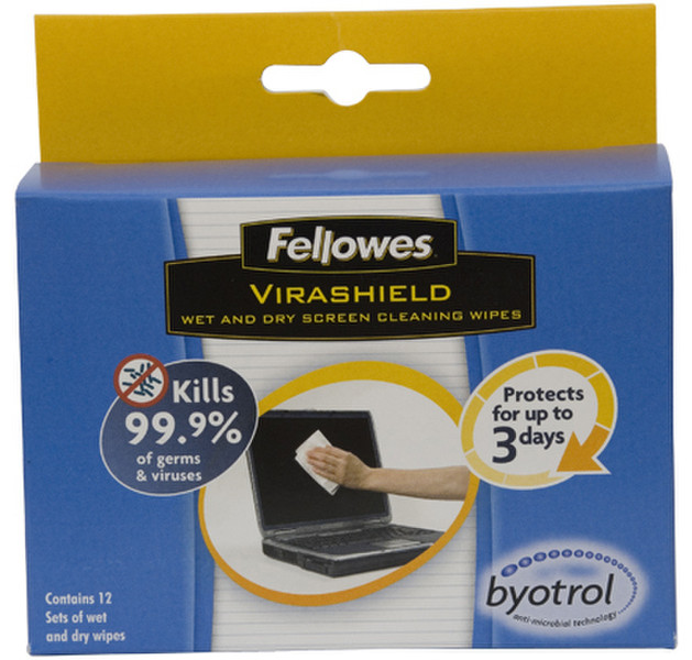 Fellowes Virashield Screen Cleaning Wipes 12 p. pack Screens/Plastics Equipment cleansing wet & dry cloths