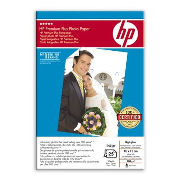 HP Premium Plus High-gloss Photo Paper-25 sht/10 x 15 cm plus tab photo paper