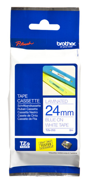 Brother TZe-253 Blue on white TZe label-making tape