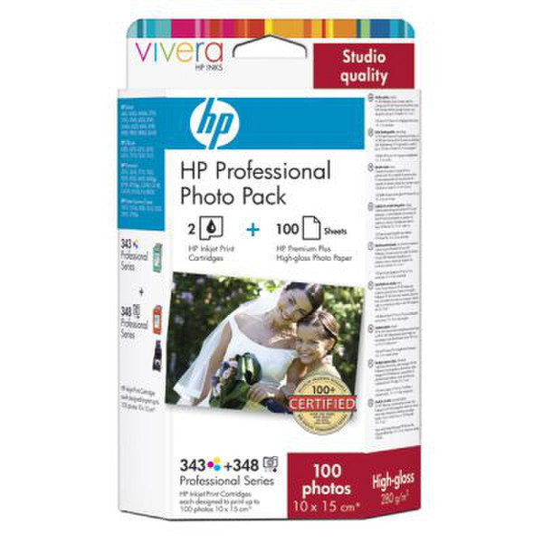 HP 343/348 Series Professional Photo Pack with Vivera Inks-10 x 15 cm/100 sht