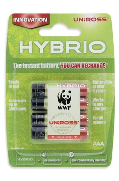 Uniross Rechargeable Batteries AAA Hybrio (4 pack) Nickel-Metallhydrid (NiMH) 800mAh 1.2V Wiederaufladbare Batterie