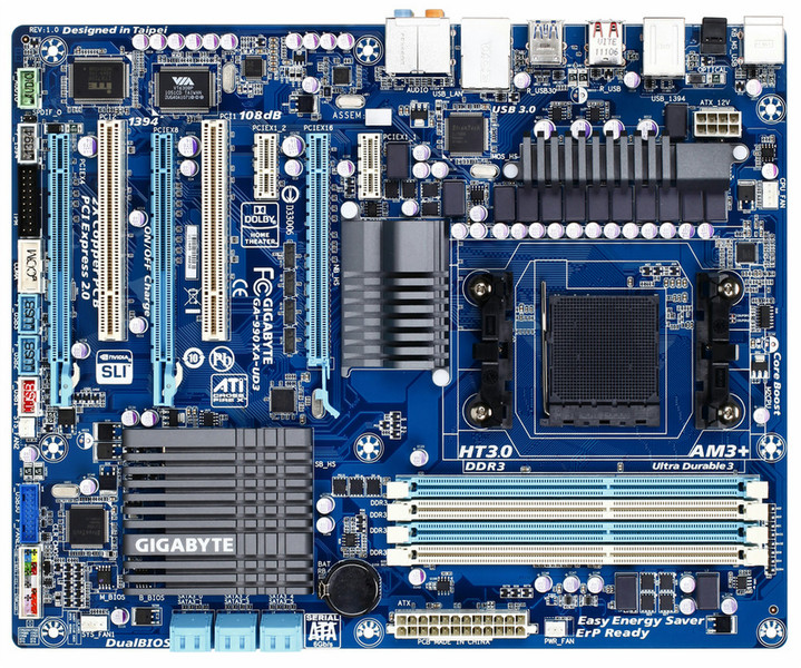 Gigabyte GA-990XA-UD3 North Bridge: AMD 990X \n<br>South Bridge: AMD SB950 Socket AM3+ ATX motherboard