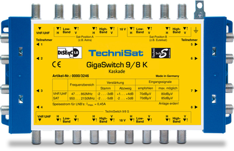TechniSat GigaSwitch 9/8 K Satellit, Terrestrisch Blau, Gelb TV Set-Top-Box