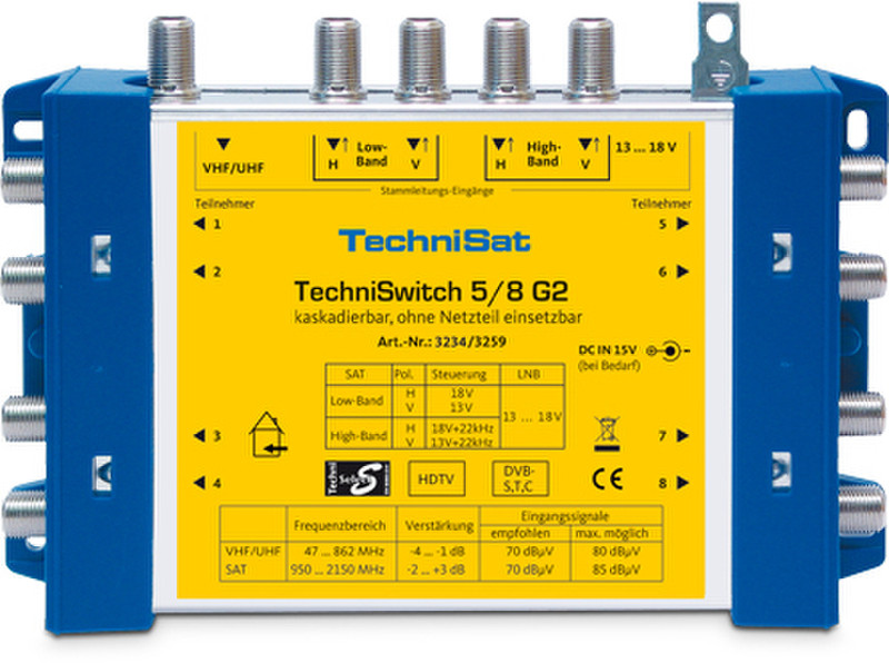 TechniSat TechniSwitch 5/8 G2 Cable splitter/combiner Синий, Желтый