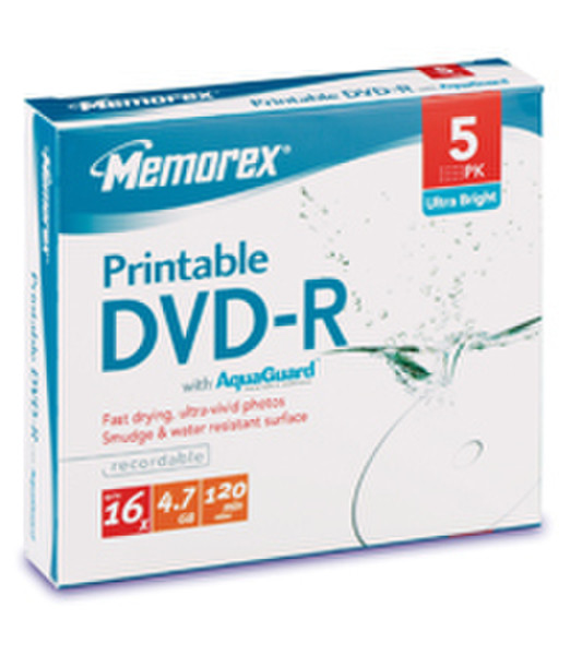 Memorex AquaGuard Inkjet Printable DVD-R 4.7GB DVD-R 5Stück(e)